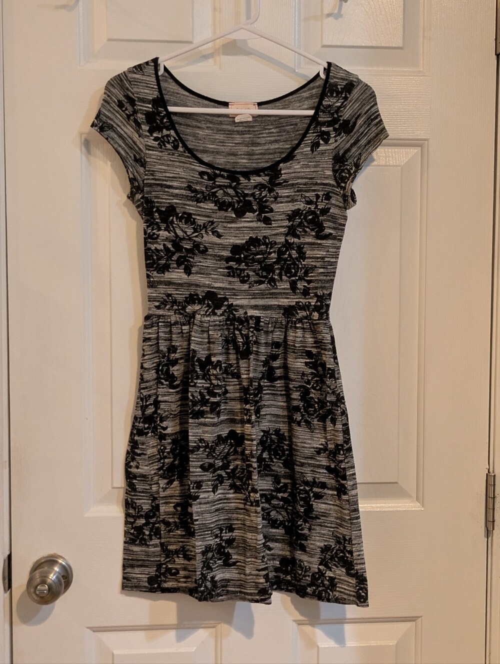 Gray Floral Short Sleeve Skater Dress
